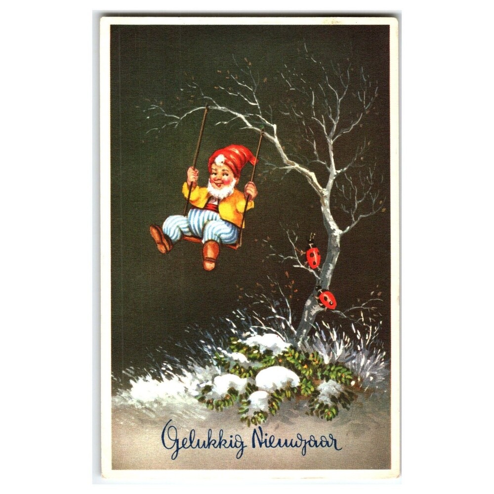 Vintage Dutch Gelukkig Nieuwjaar Gnome Swinging Winter Postcard JBH Belgium